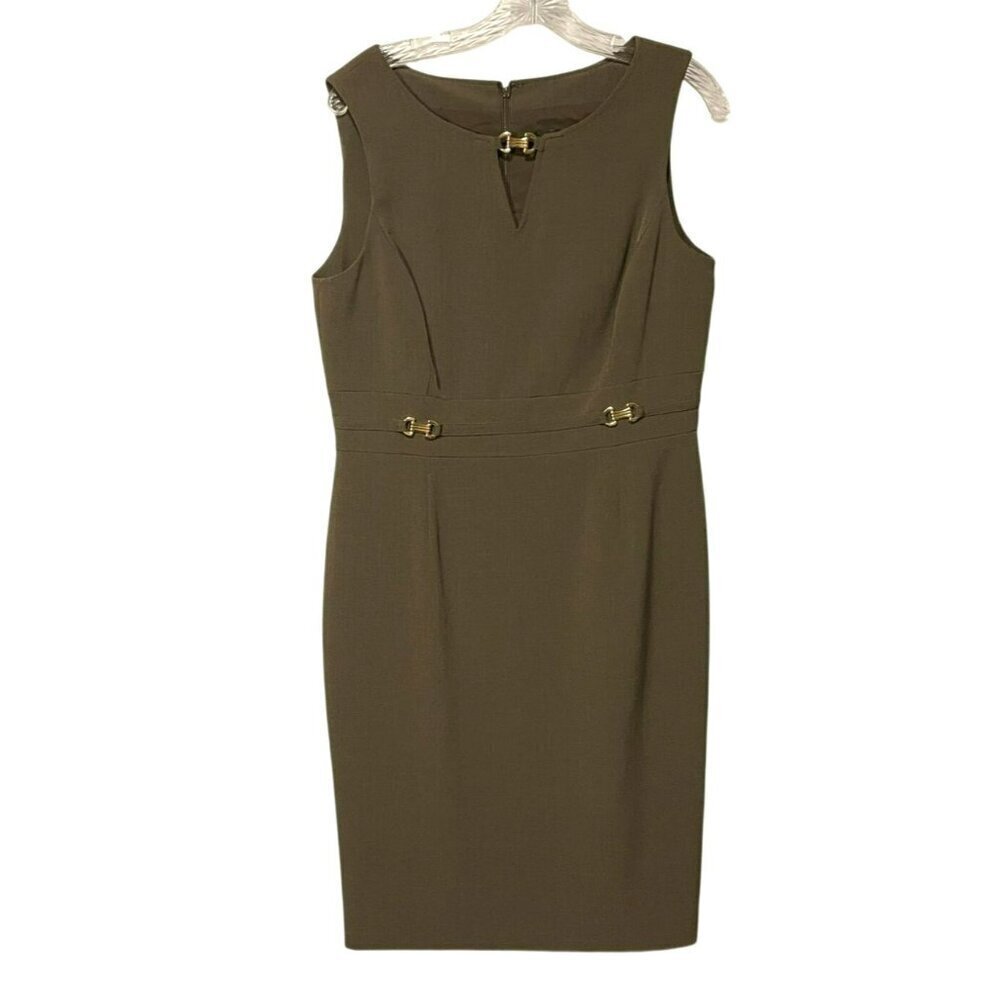 Tahari Sheath Dress Gold Buckle Accent Sz 12P Avocado Green Worn Once Petite